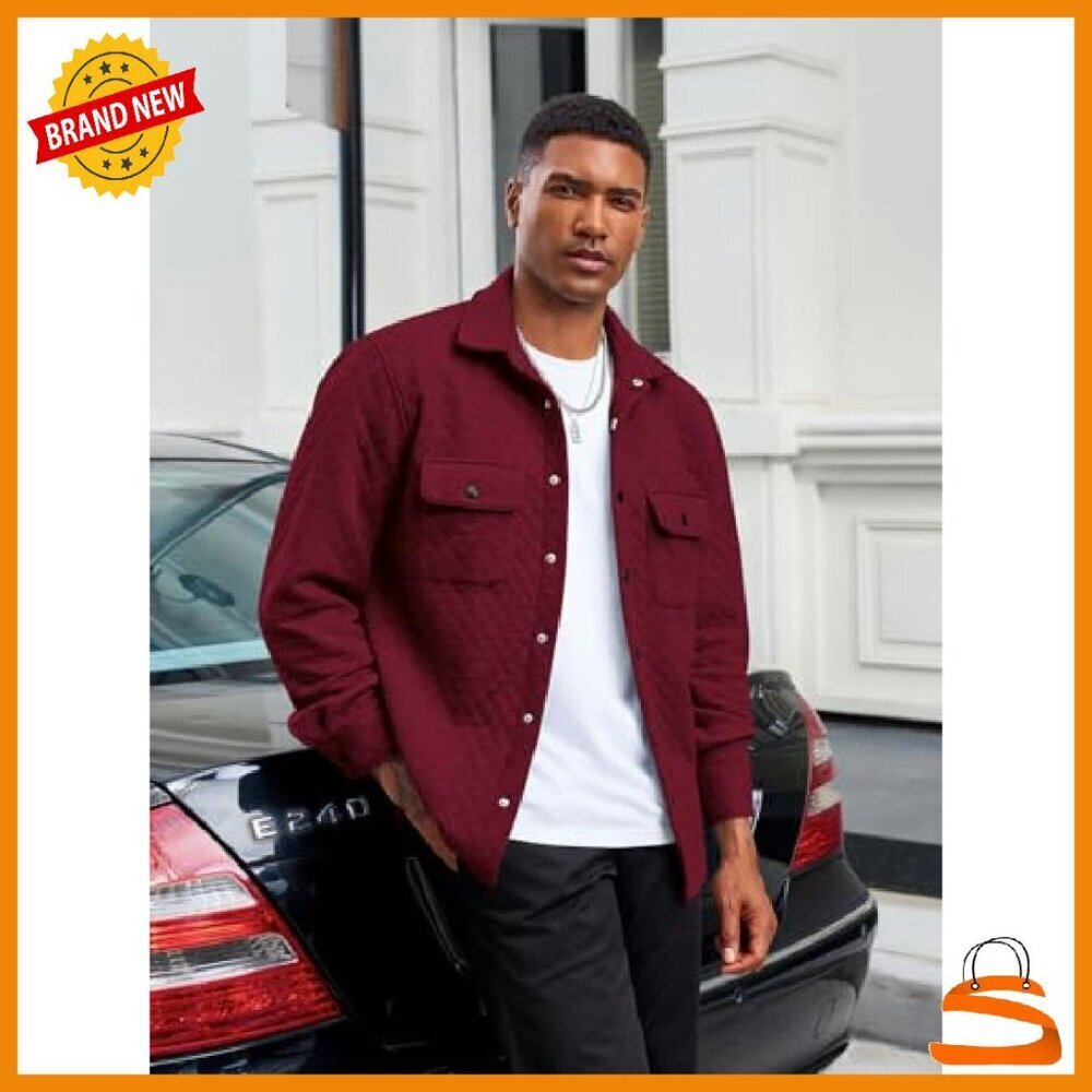 Men's Quilted Shacket Lightweight Jacket Snap Button Pockets Fall Spring - Picture 3 of 8